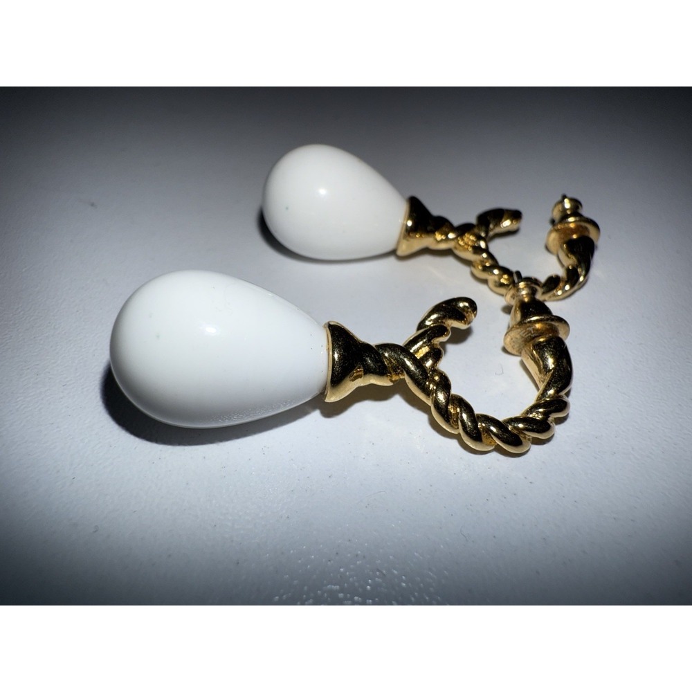 Vintage Monet White Acrylic Teardrop Gold Tone Twisted Hoop Pierced Earrings